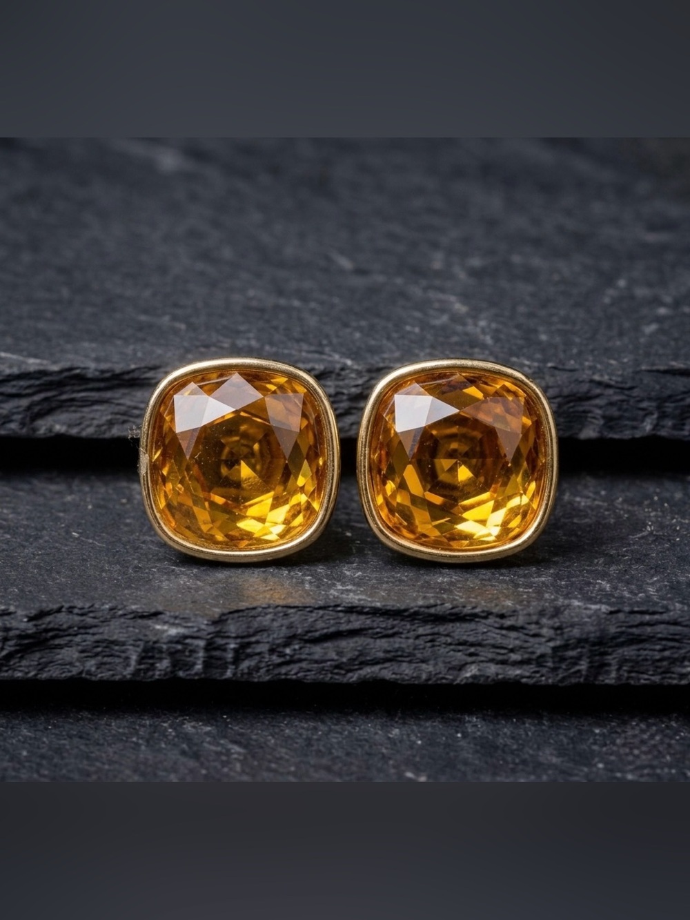Vintage 70s Swarovski SAL Honey Citrine Cushion Cut Chunky Gold Clip Earrings